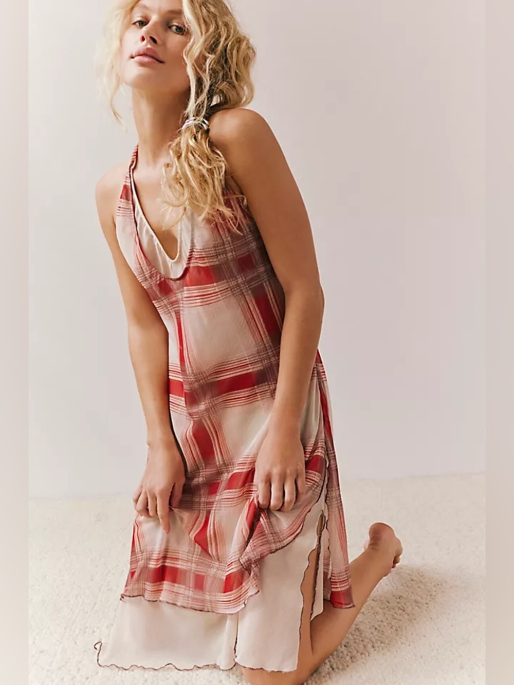 Free People Seeing Double Printed Midi Slip Dress Red Plaid S NWT